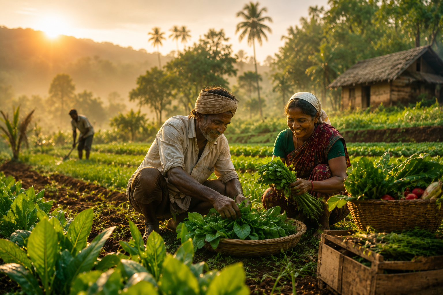 Farmers tending produce in a sunlit field